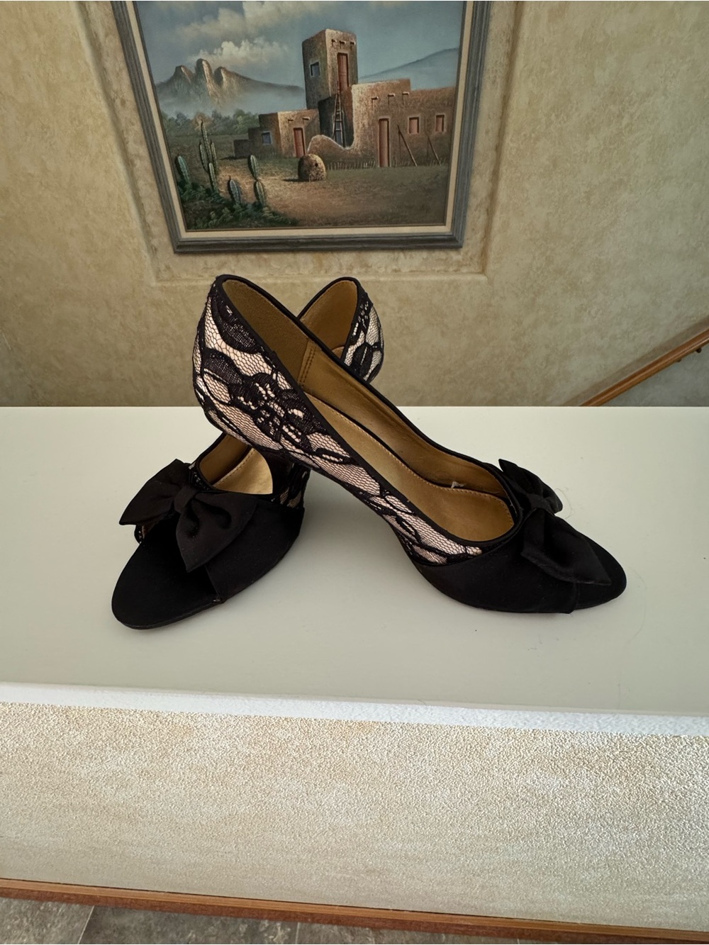 FIONI Black lace open toe heels with bow. Very elegant